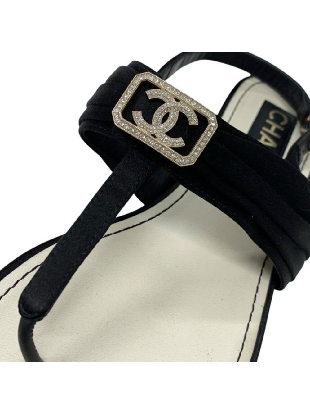 Chanel Sandals Shoes Satin Black Gold Coco Mark Rhinestone Thong Flat - Picture 9 of 10